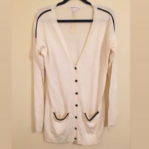 BCBG White Cardigan with Black Leather Trim
